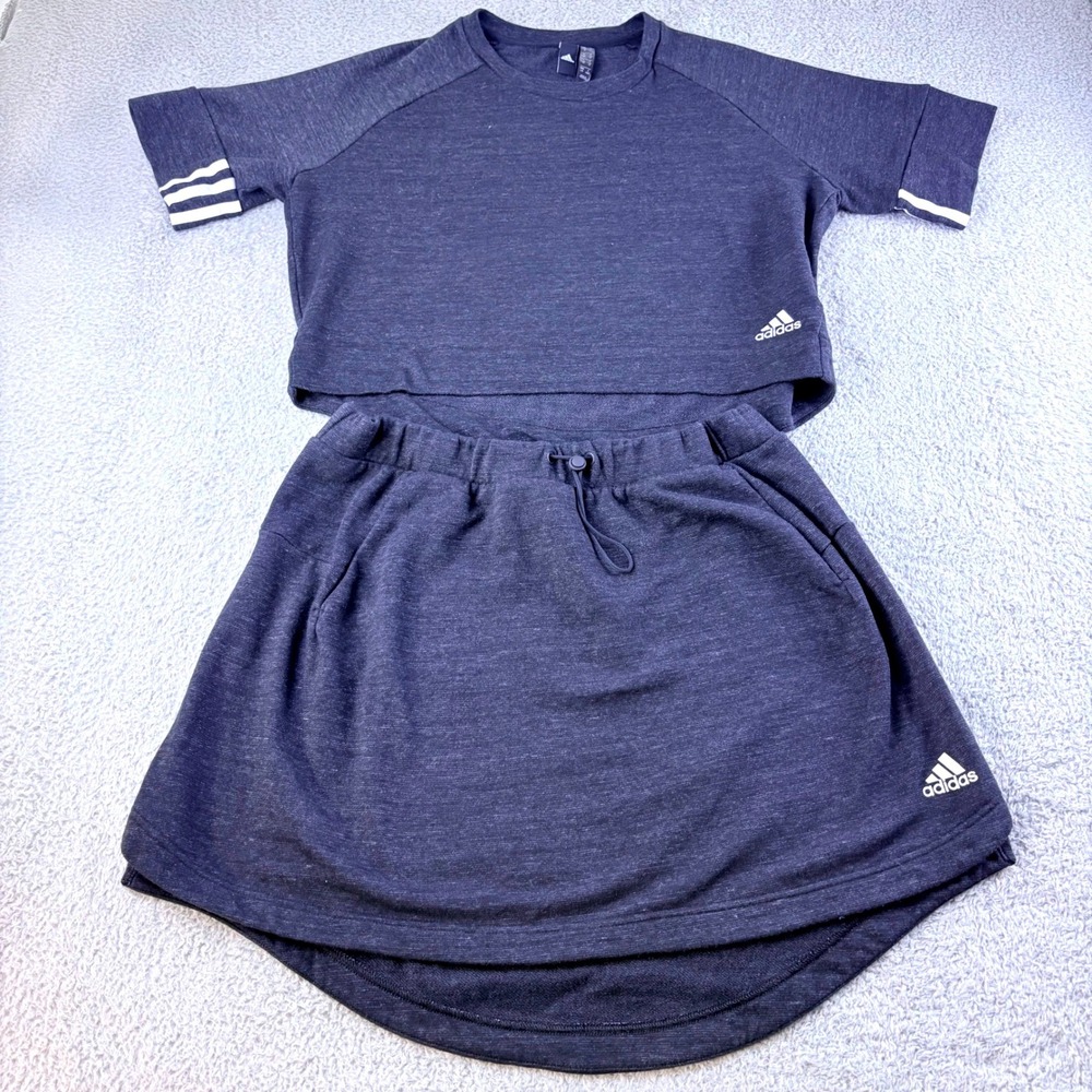 Adidas Sweatshirt Skirt Set Womens L Grey Cropped Top Mini Skirt Activewear 2pc